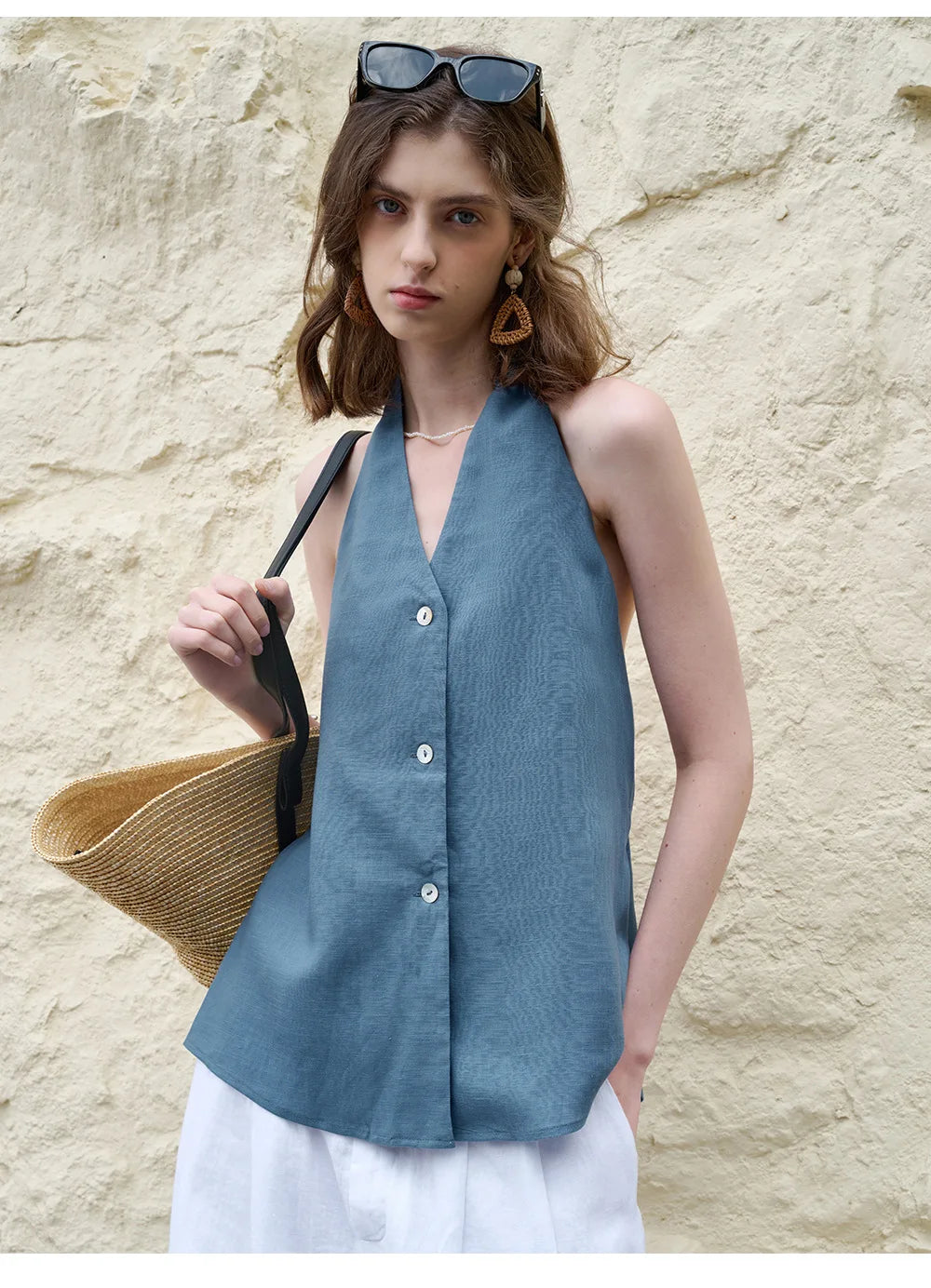 Anna-Berg | Natural Halter Linen Waistcoat Top