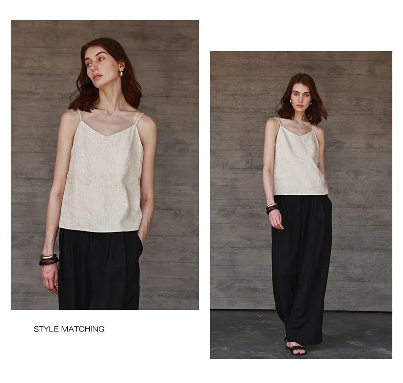 Anna-Berg | Natural Relaxed-Fit V-Neck Linen Camisole Top