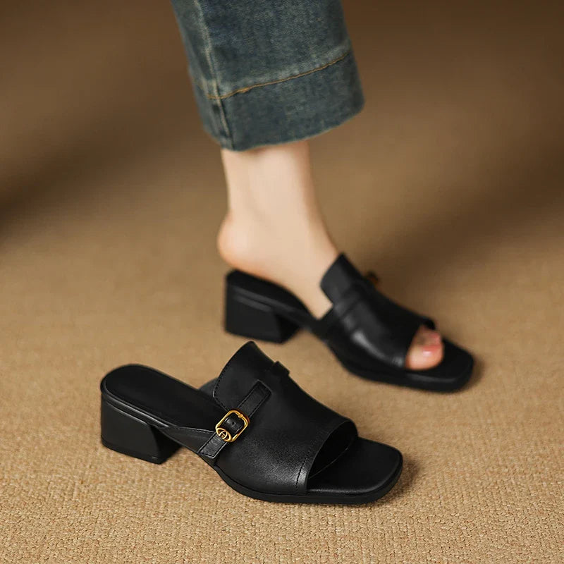 Anna-Berg | Black Adjustable Buckle Leather Slide