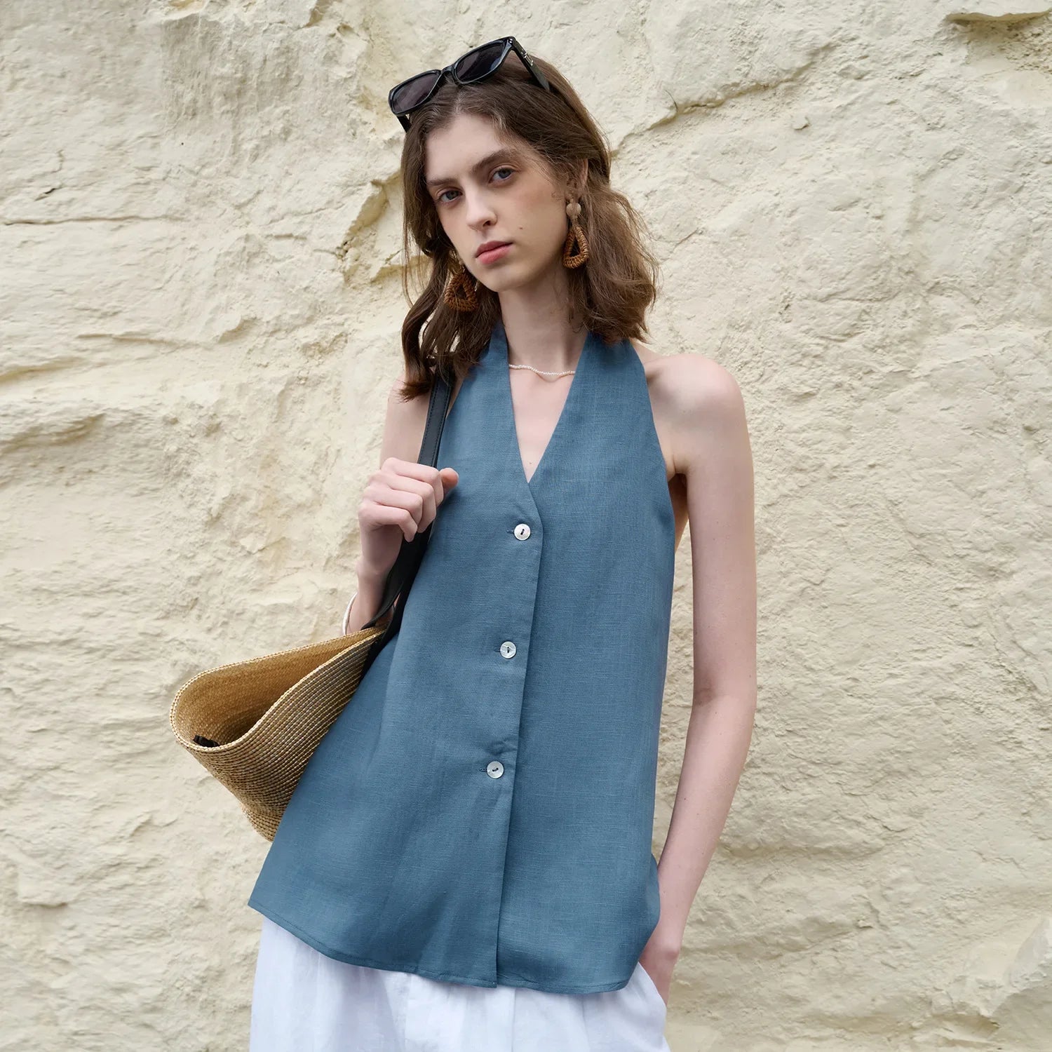 Anna-Berg | Natural Halter Linen Waistcoat Top