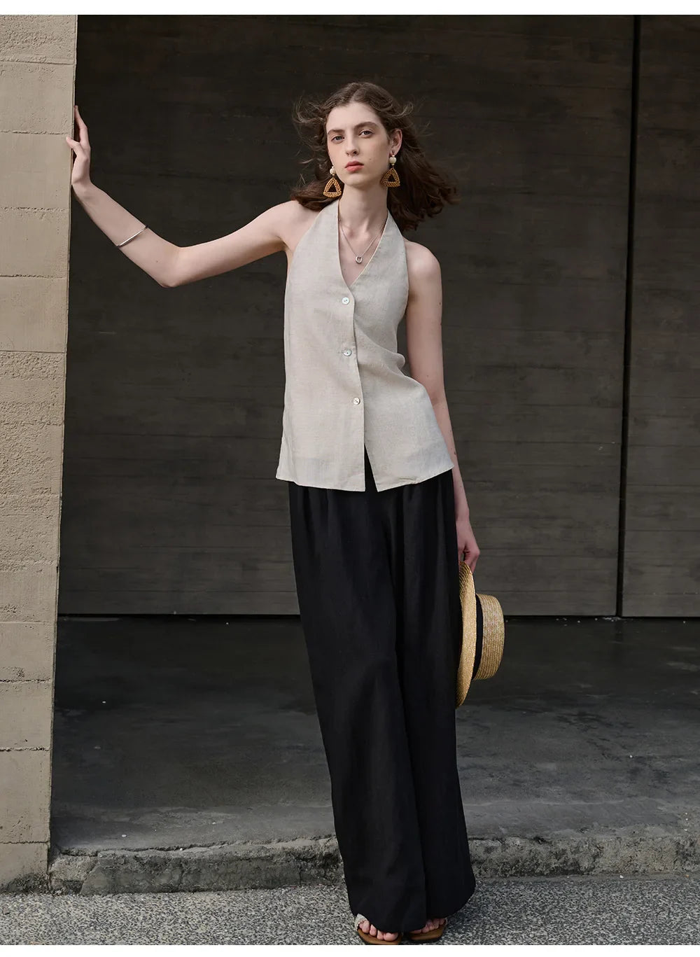 Anna-Berg | Natural Halter Linen Waistcoat Top