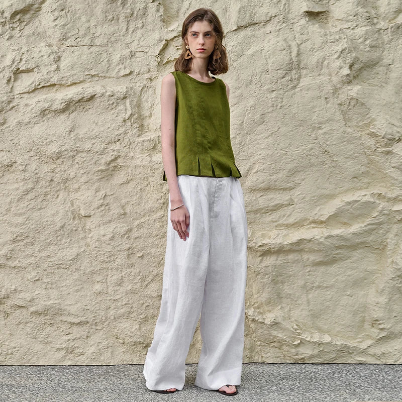 Anna-Berg | Natural Pleated Hem Linen Top