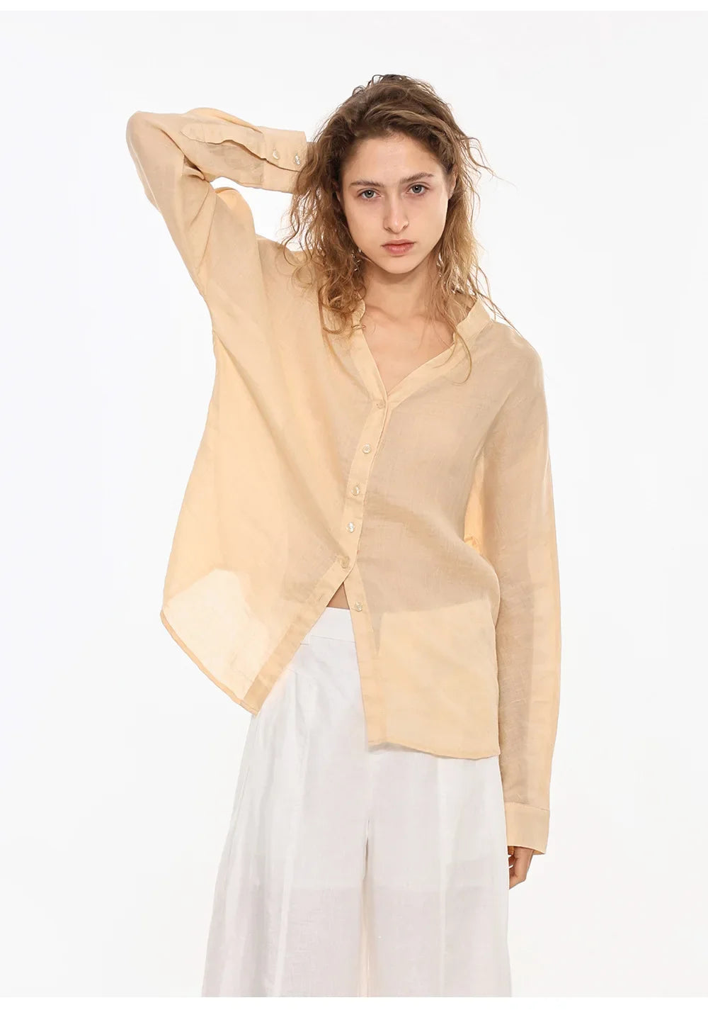 Anna-Berg | Collarless V-Neck Linen Shirt