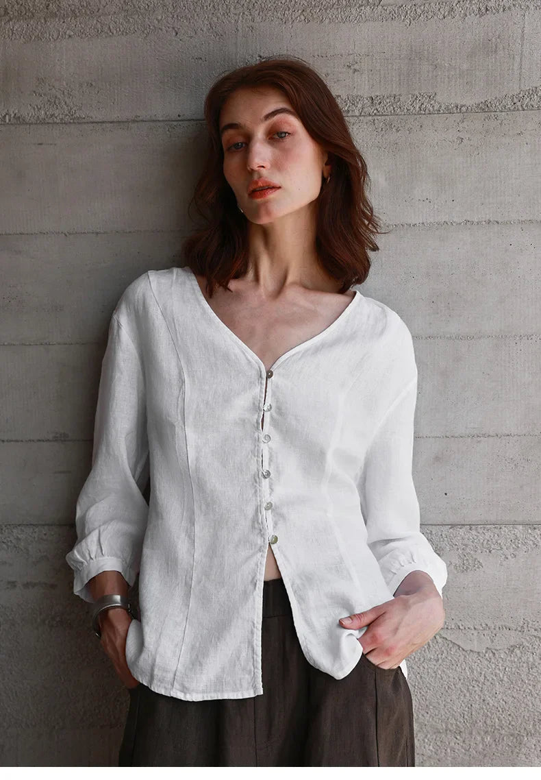 Anna-Berg | Fitted V-Neck Linen Blouse