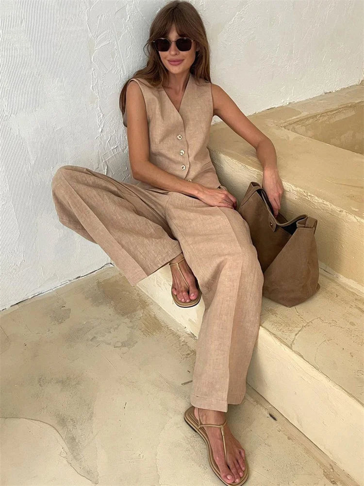 Anna-Berg | Natural Relaxed-Fit Belted Linen Trouser Set