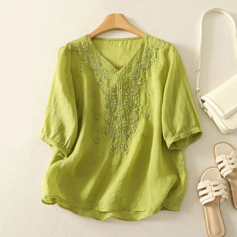 Anna-Berg | Ivory V-Neck Cotton Blouse