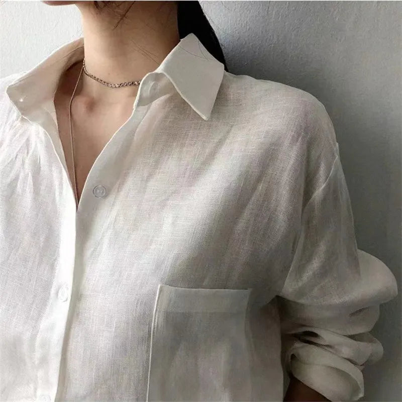 Anna-Berg | Natural Relaxed Fit Open Collar Linen Shirt