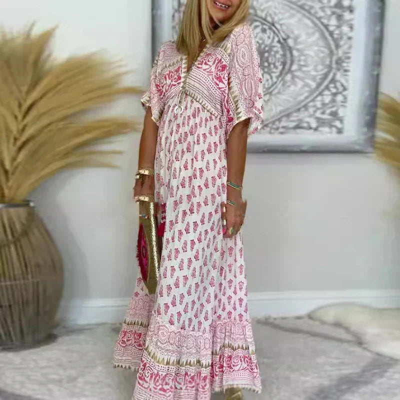Anna-Berg | Boho Tassel Detail Short Sleeve Maxi Dress