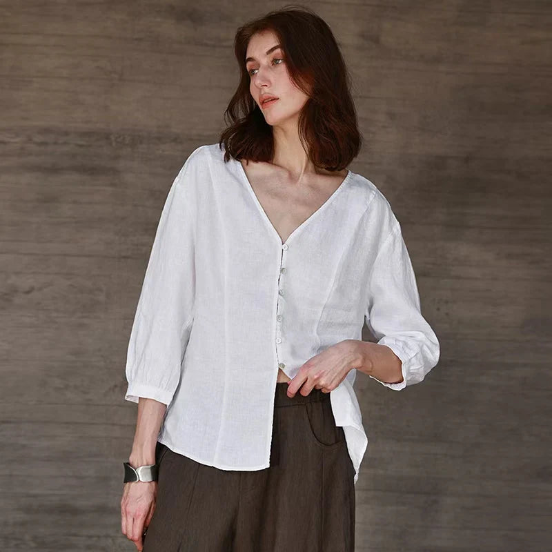 Anna-Berg | Fitted V-Neck Linen Blouse