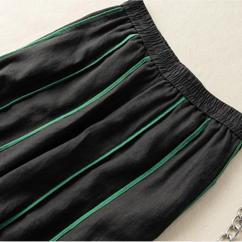 Anna-Berg | Green Striped Wide-Leg Linen Pant