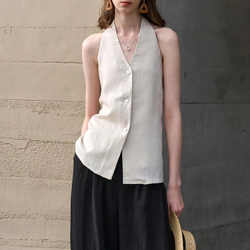 Anna-Berg | Natural Halter Linen Waistcoat Top