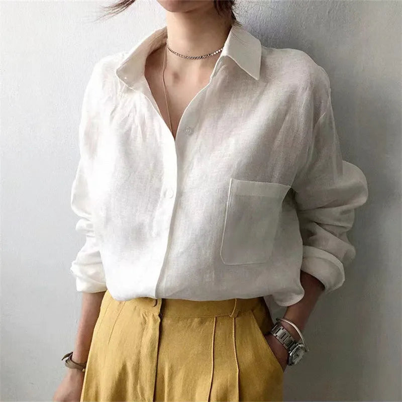 Anna-Berg | Natural Relaxed Fit Open Collar Linen Shirt