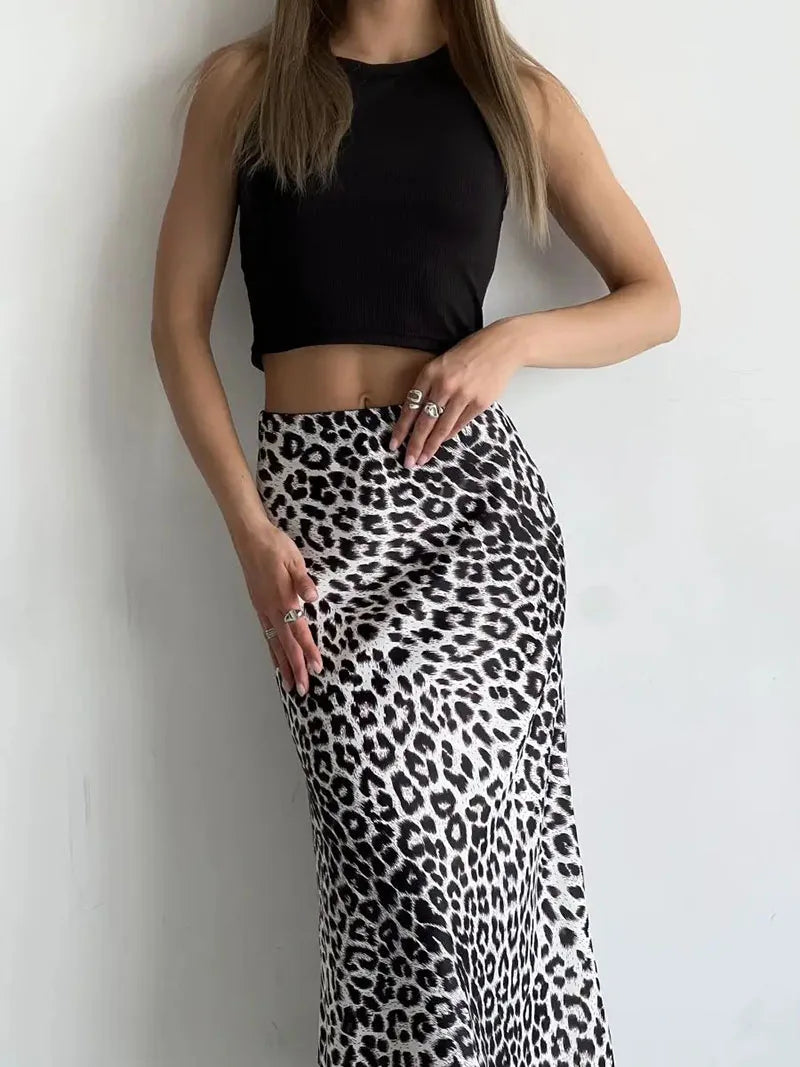 Anna-Berg | Brown Leopard-Print Satin Midi Skirt
