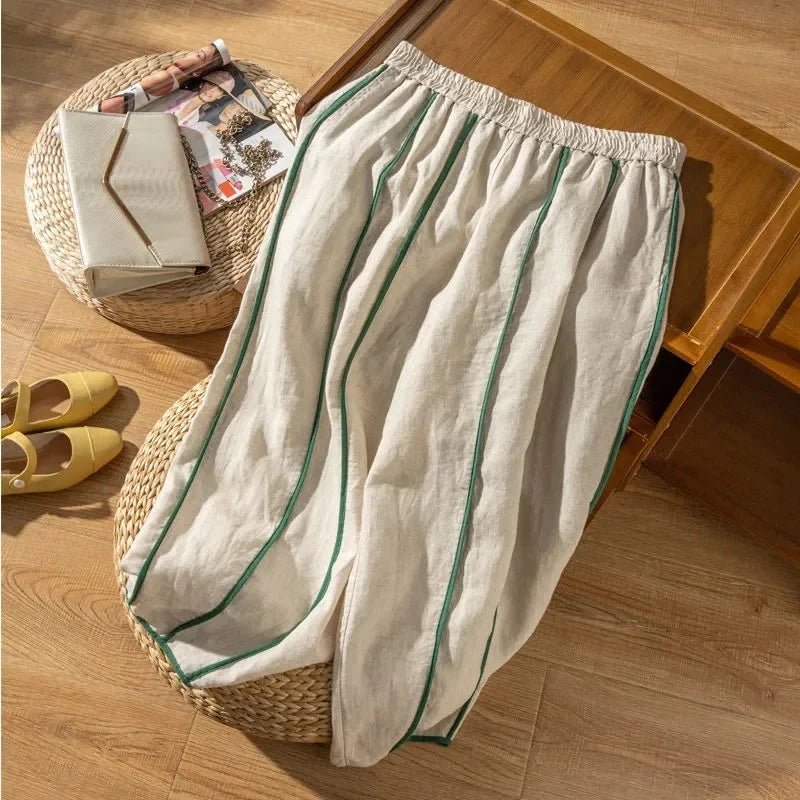 Anna-Berg | Green Striped Wide-Leg Linen Pant