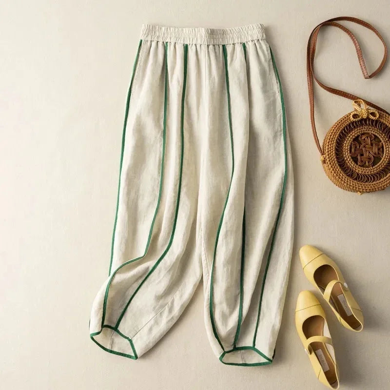Anna-Berg | Green Striped Wide-Leg Linen Pant