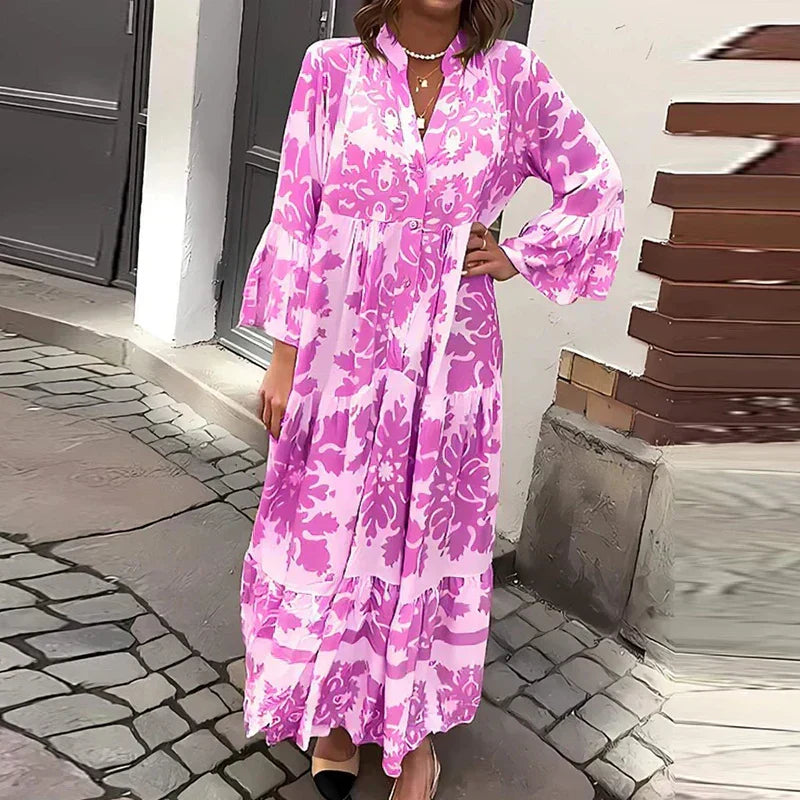 Anna-Berg | Boho Printed Long Sleeve Midi Dress with Graceful Drape