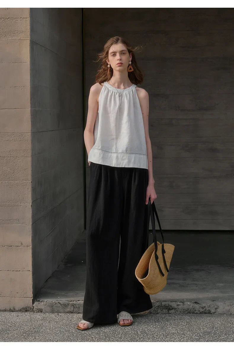 Anna-Berg | Sand Pleated Wide-Leg Linen Pant