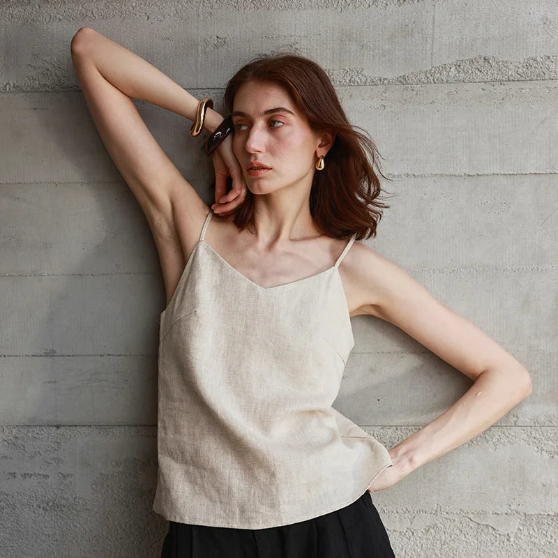 Anna-Berg | Natural Relaxed-Fit V-Neck Linen Camisole Top