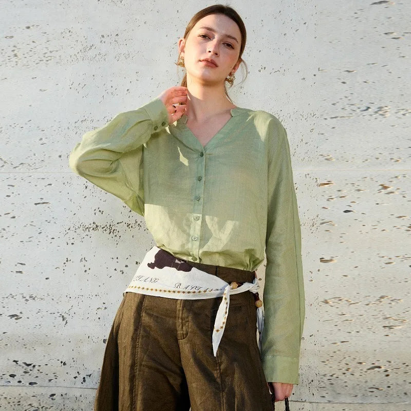 Anna-Berg | Collarless V-Neck Linen Shirt