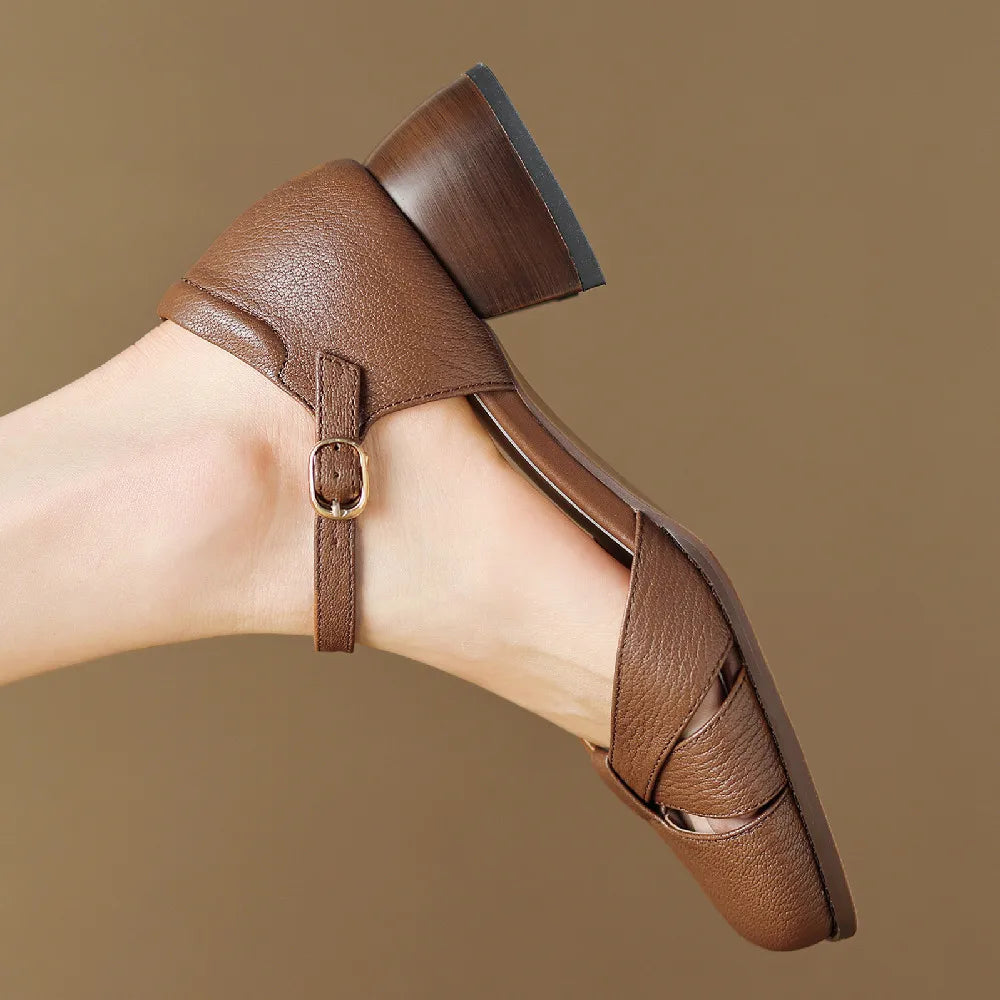 Anna-Berg | Black Braided Ankle-Strap Mid-Heel Leather Pumps
