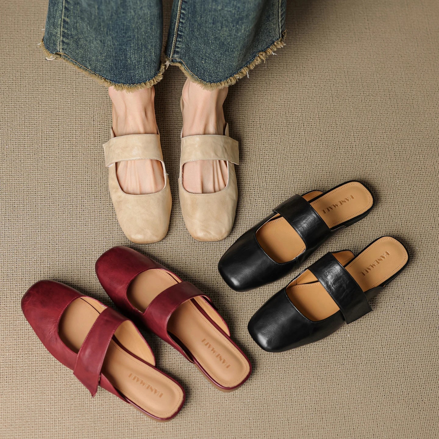 Anna-Berg | Black Square Toe Chunky Heel Leather Mules