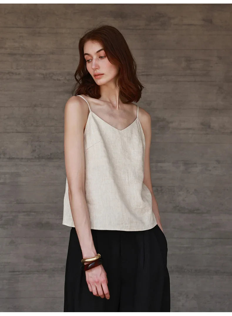 Anna-Berg | Natural Relaxed-Fit V-Neck Linen Camisole Top