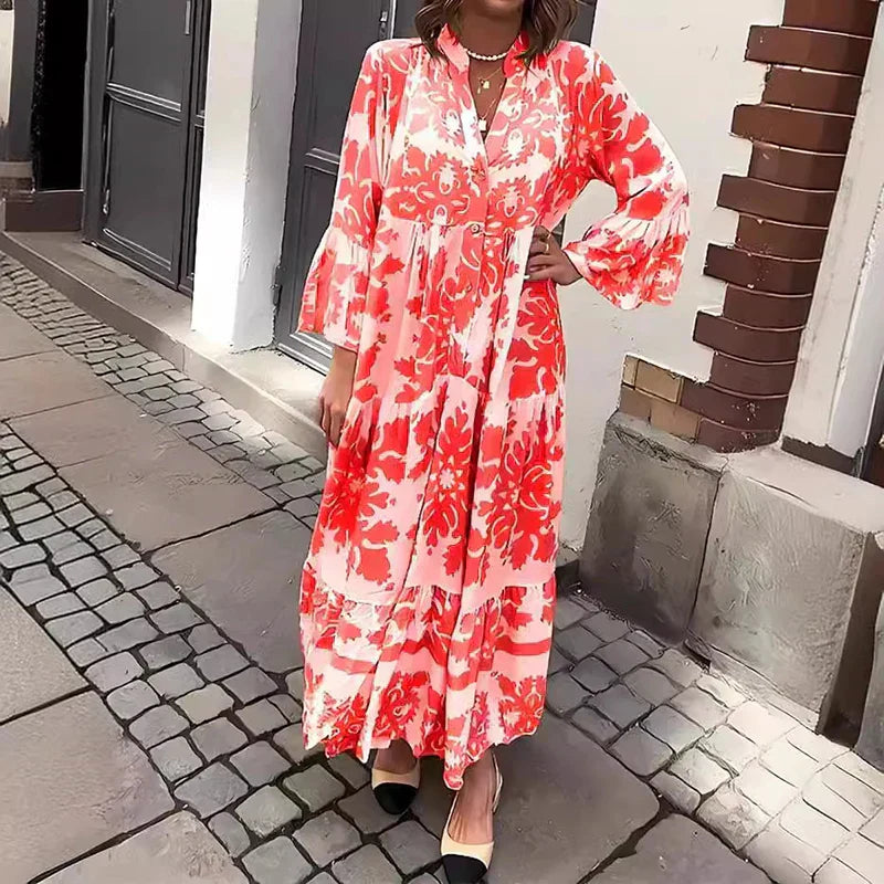 Anna-Berg | Boho Printed Long Sleeve Midi Dress with Graceful Drape