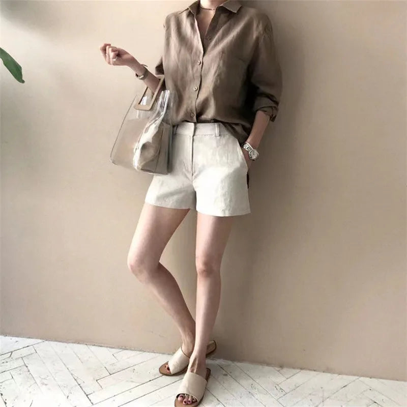 Anna-Berg | Natural Relaxed Fit Open Collar Linen Shirt