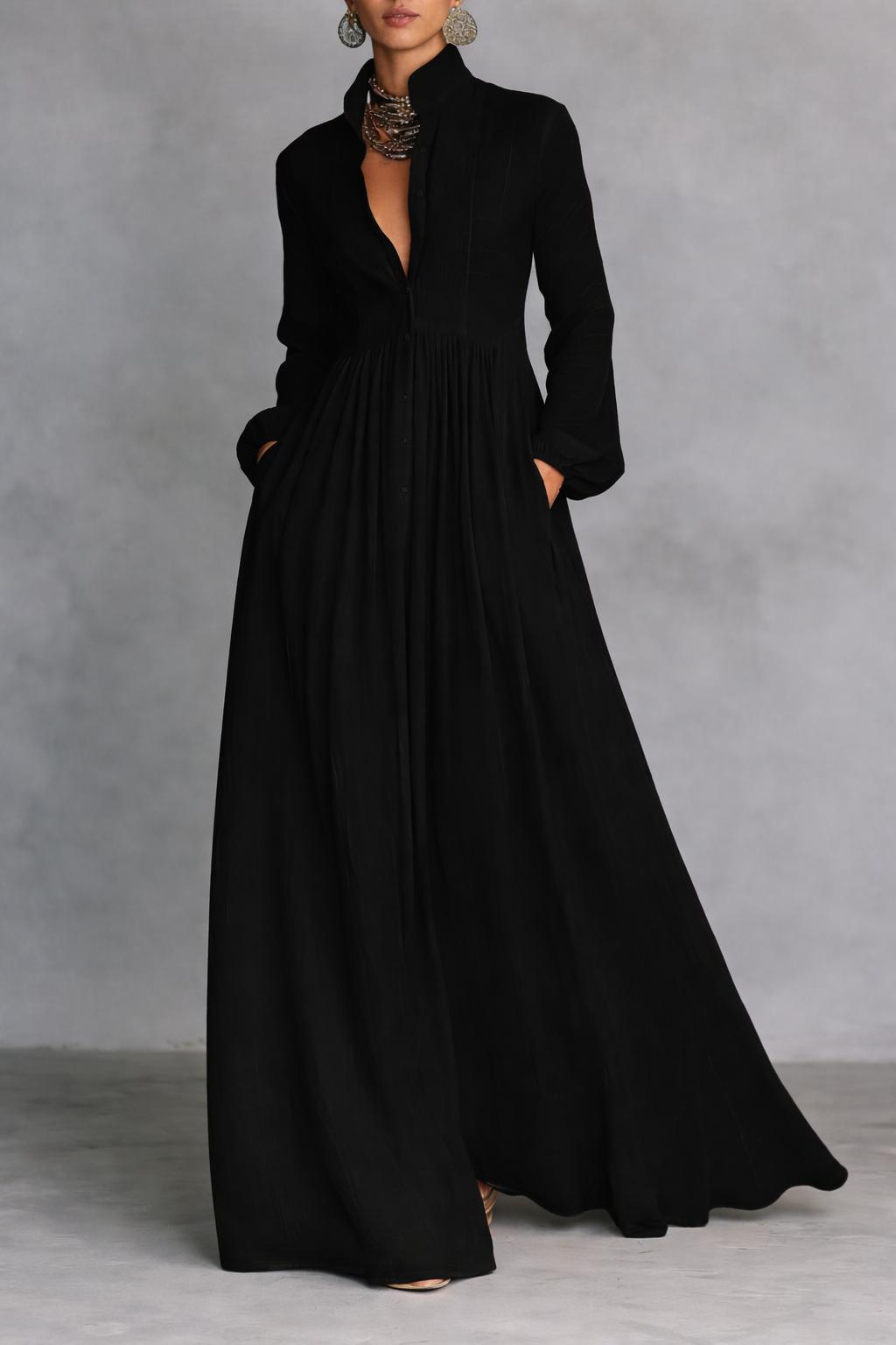 Anna-Berg | Stand Collar Button Long Sleeve Dress