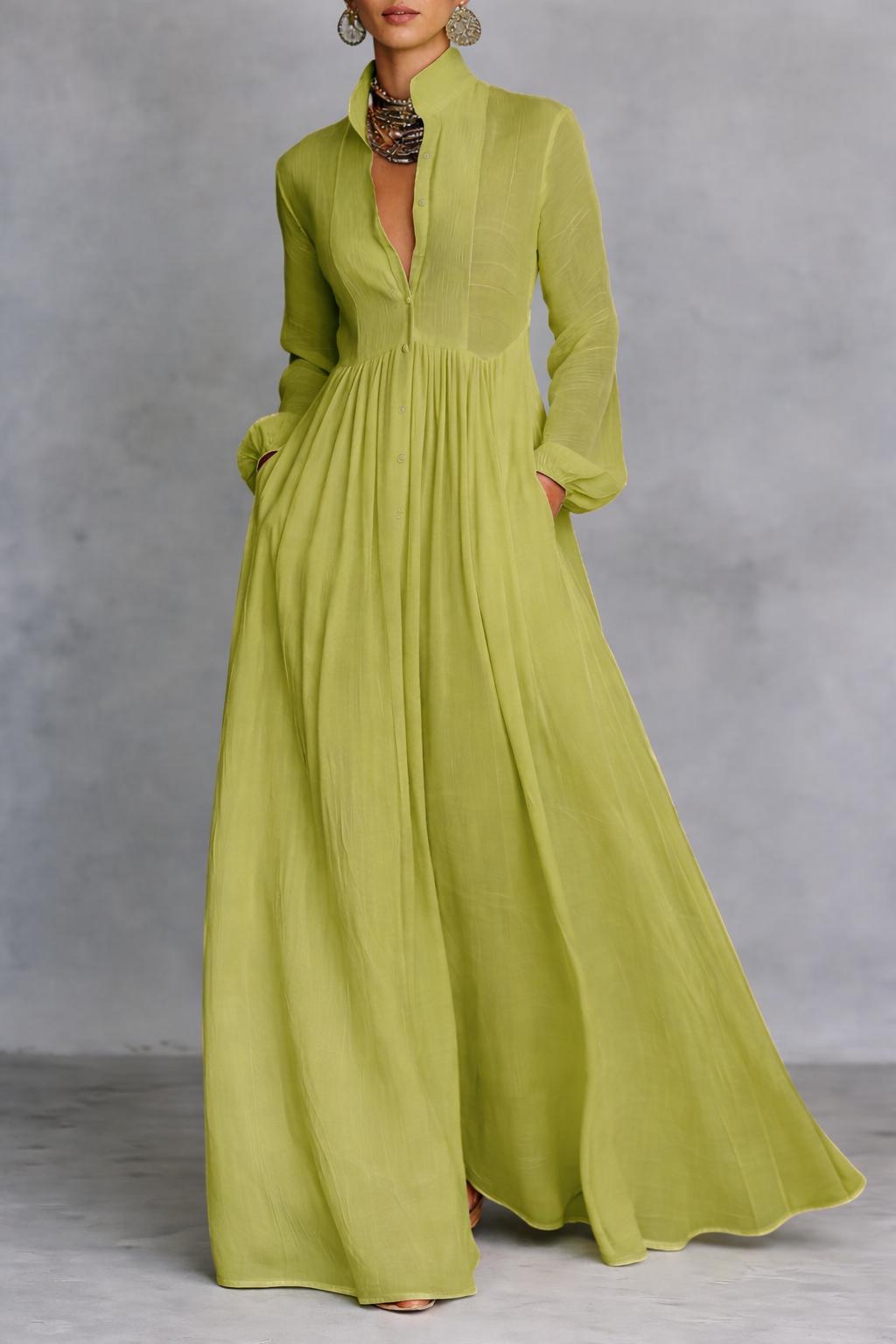 Anna-Berg | Stand Collar Button Long Sleeve Dress