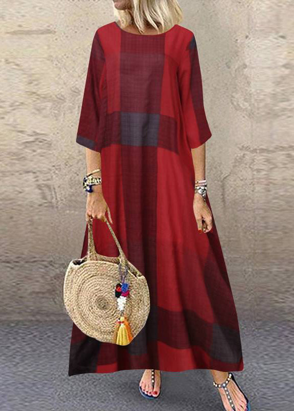 Anna-Berg | Khaki O-Neck Plaid Half Sleeve Dress