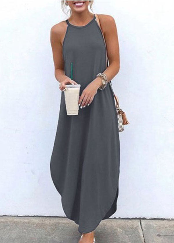 Anna-Berg | Sleeveless Straps High-Low Hem Solid Dress