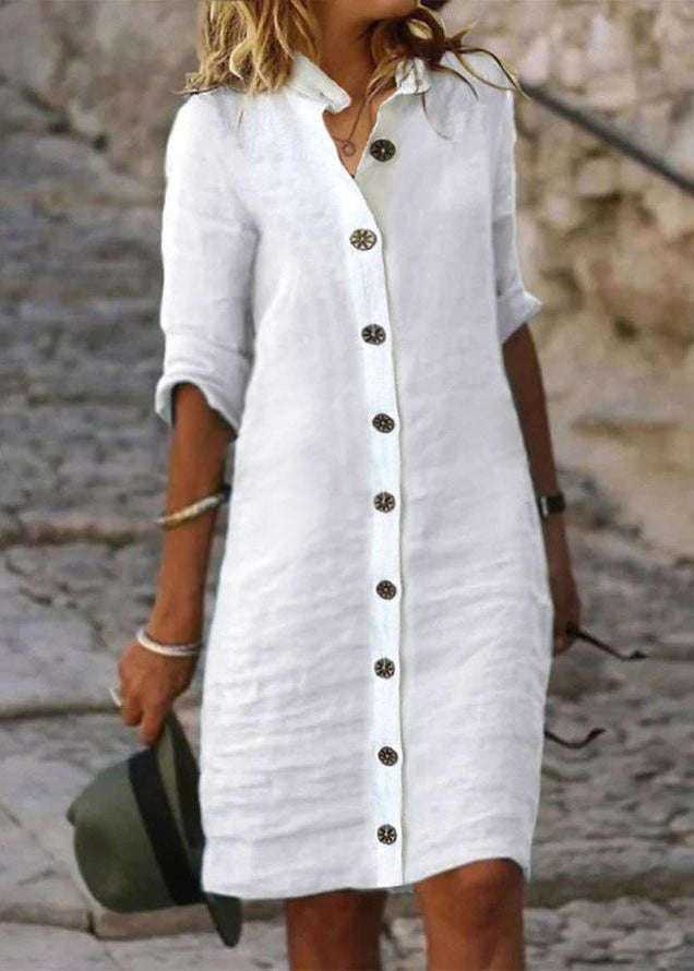 Anna-Berg | White Stand Collar Button Cotton Dress