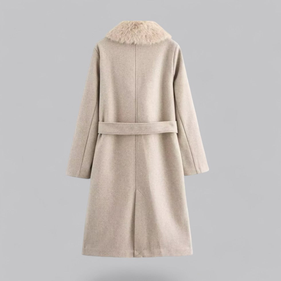 Anna-Berg | Trench Coat - Beige, Double-Breasted, Faux Fur Collar, Belted, Longline