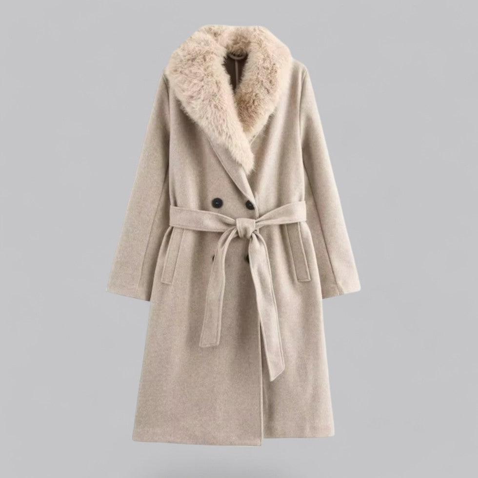 Anna-Berg | Trench Coat - Beige, Double-Breasted, Faux Fur Collar, Belted, Longline