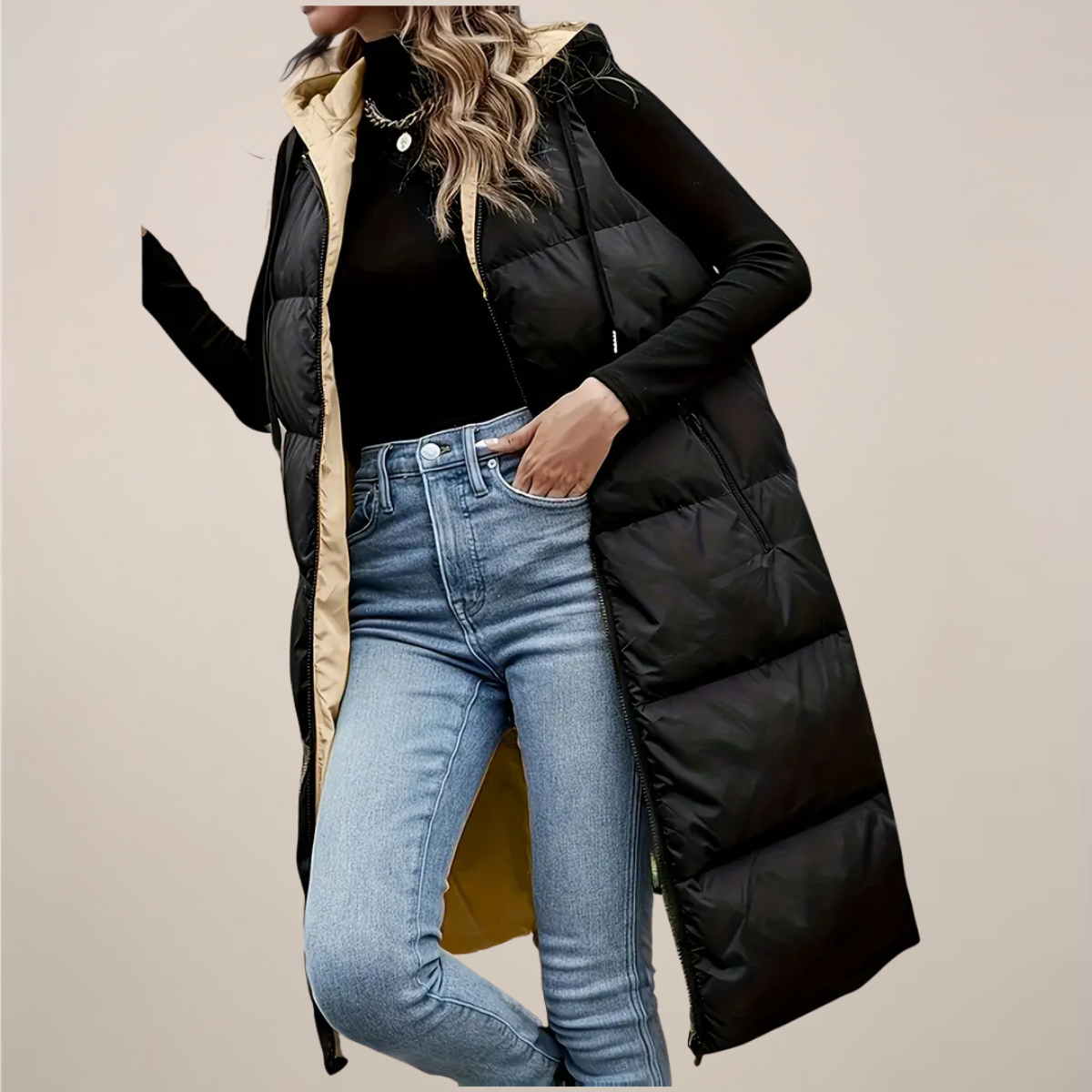 Anna-Berg | Longline Puffer Gilet - Black, Hooded, Zip Front, Zipped Pockets