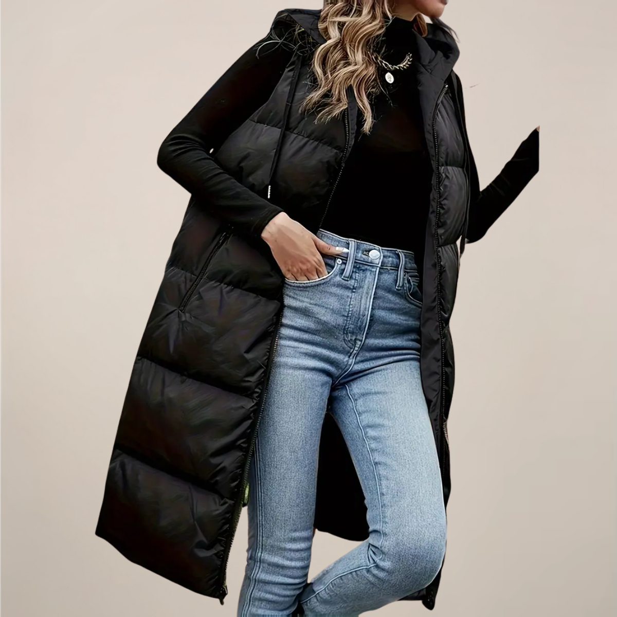 Anna-Berg | Longline Puffer Gilet - Black, Hooded, Zip Front, Zipped Pockets