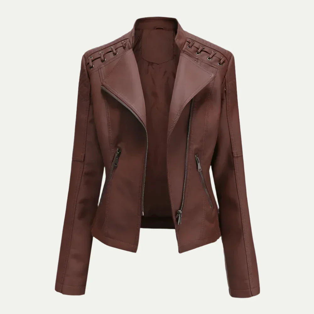 Anna-Berg | Leather Jacket with Asymmetric Zip & Quilted Shoulder Detail