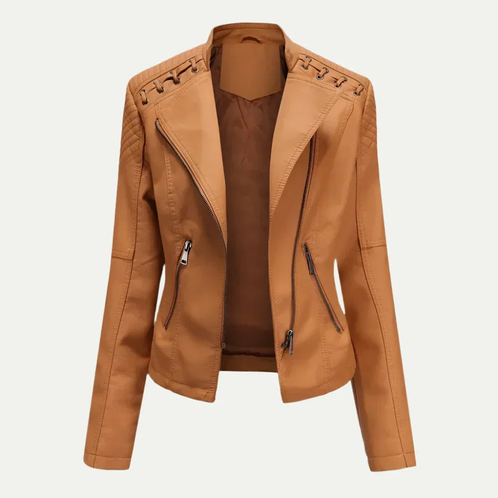 Anna-Berg | Leather Jacket with Asymmetric Zip & Quilted Shoulder Detail