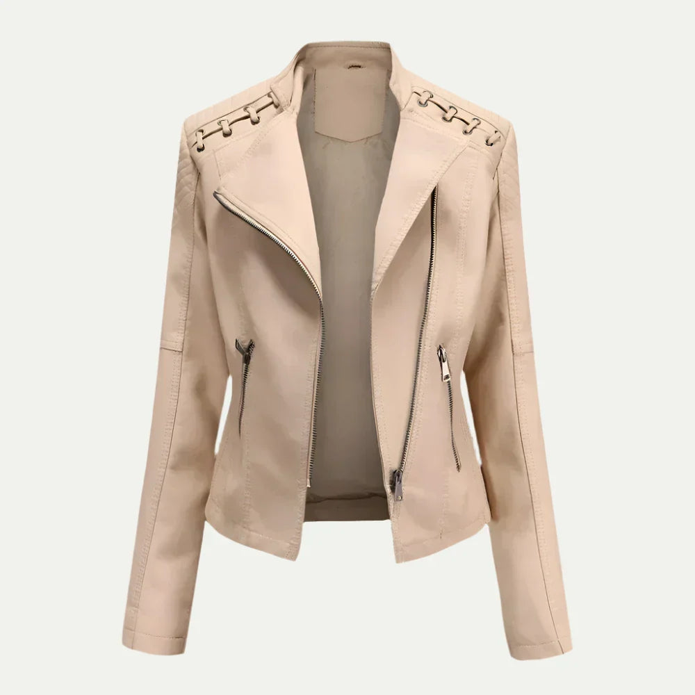 Anna-Berg | Leather Jacket with Asymmetric Zip & Quilted Shoulder Detail