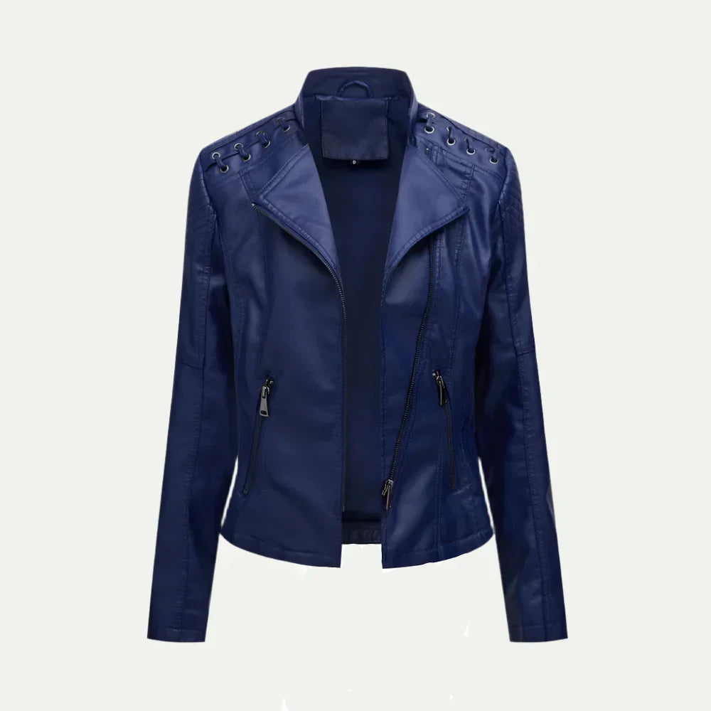 Anna-Berg | Leather Jacket with Asymmetric Zip & Quilted Shoulder Detail