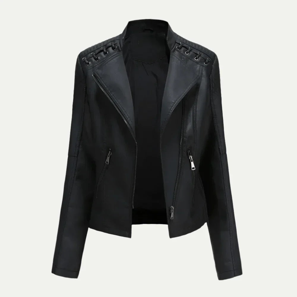 Anna-Berg | Leather Jacket with Asymmetric Zip & Quilted Shoulder Detail