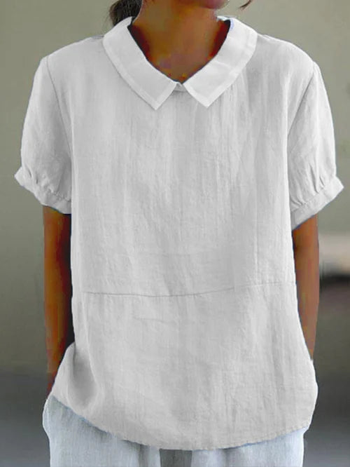 Anna-Berg | Linen Short Sleeve Blouse - Regular Fit - Peter Pan Collar