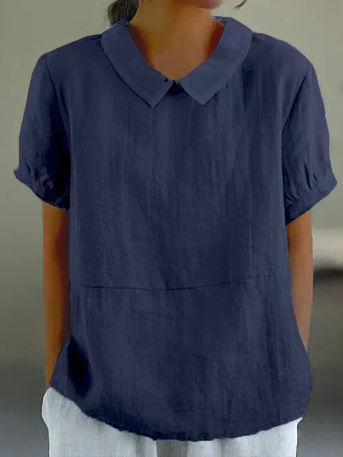 Anna-Berg | Linen Short Sleeve Blouse - Regular Fit - Peter Pan Collar