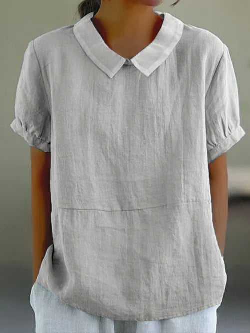 Anna-Berg | Linen Short Sleeve Blouse - Regular Fit - Peter Pan Collar