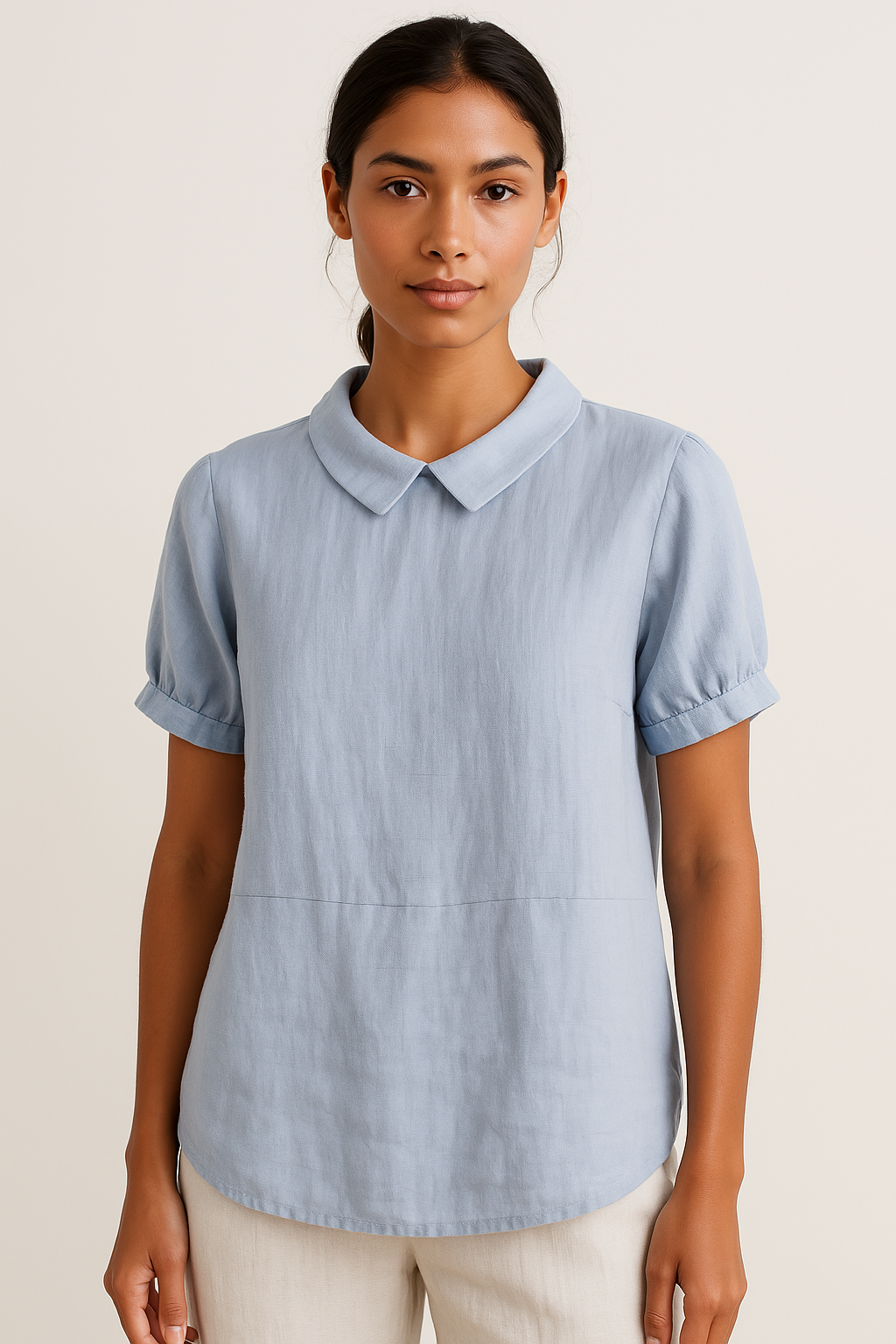 Anna-Berg | Linen Short Sleeve Blouse - Regular Fit - Peter Pan Collar