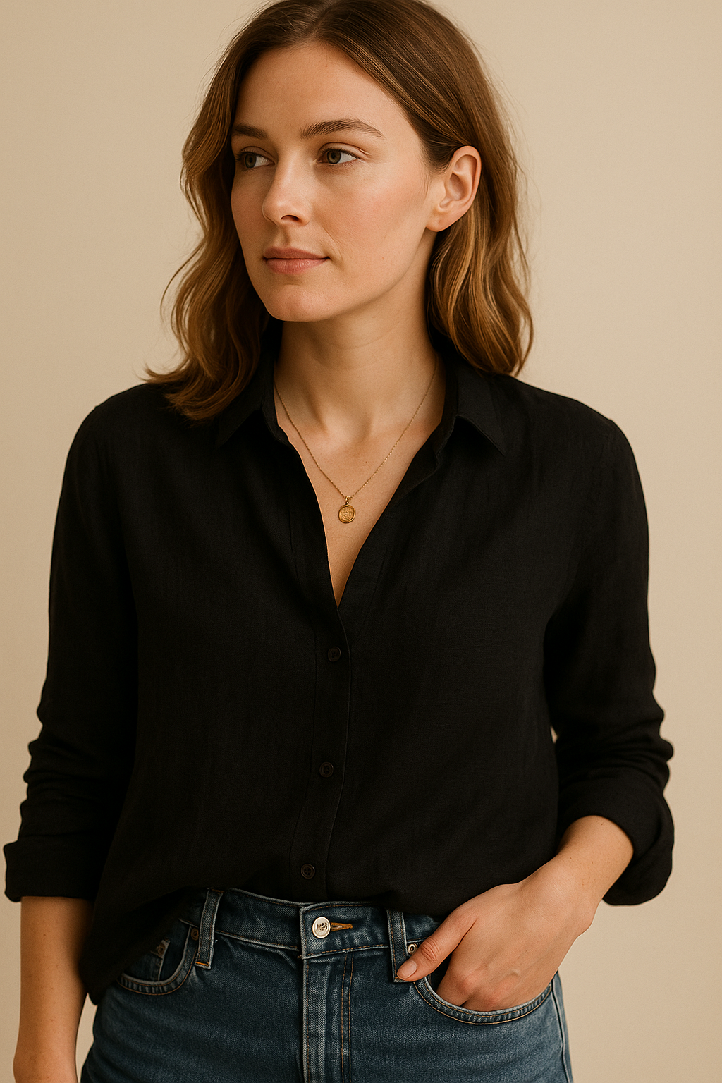 Anna-Berg | Long Sleeve Blouse – Revere Collar, Relaxed Fit