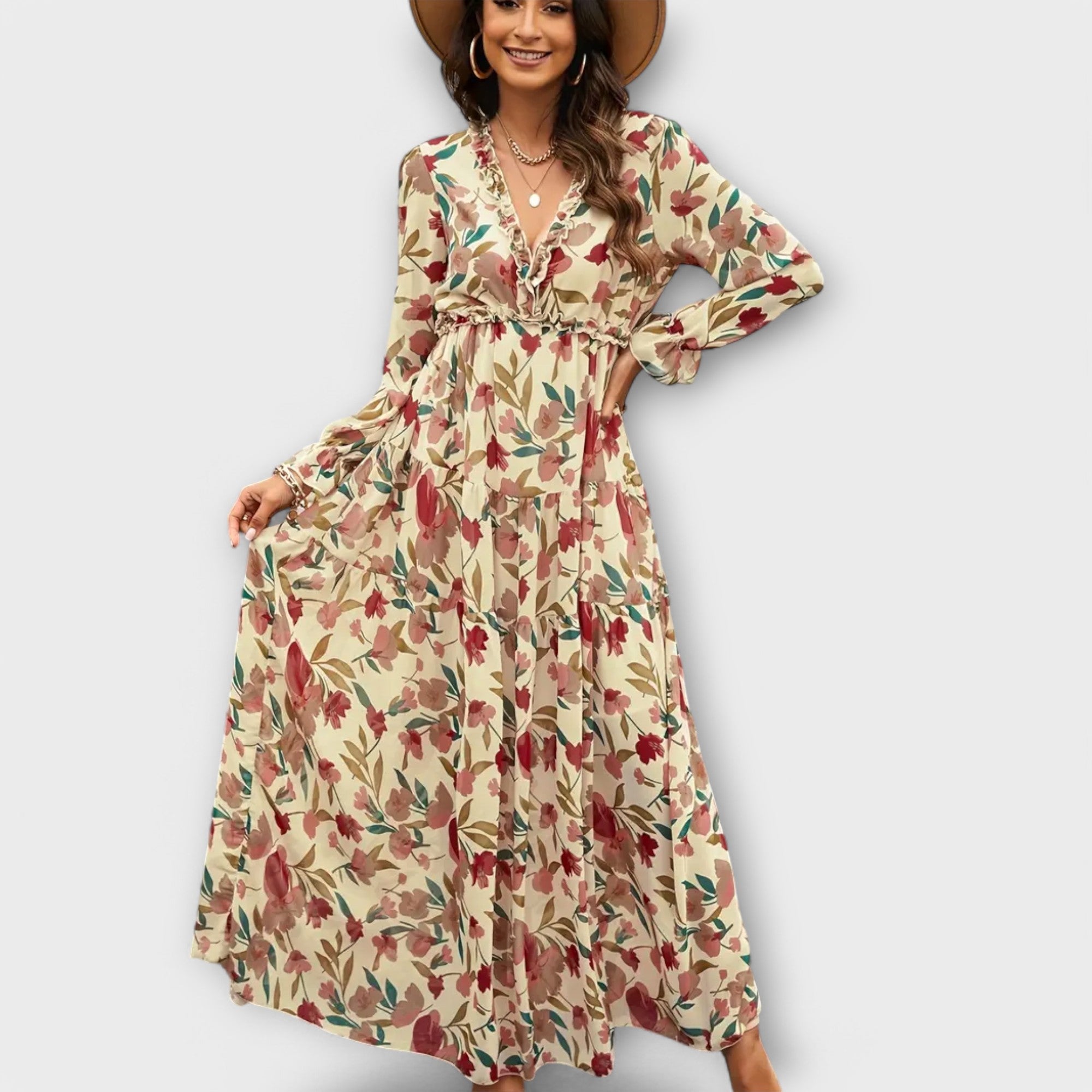 Anna-Berg | Maxi Dress, Floral, Long Sleeves, V-Neck