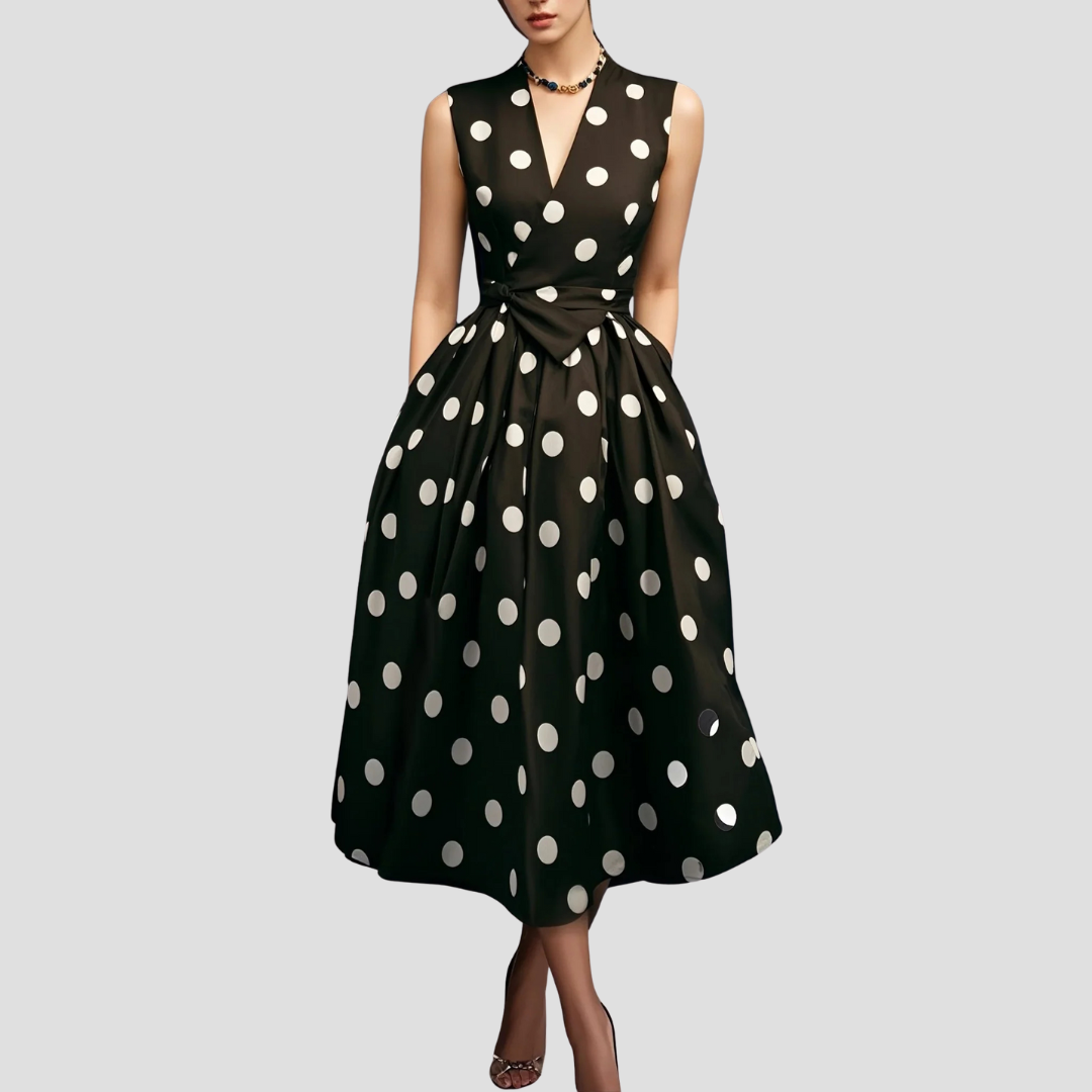 Anna-Berg | Midi Dress - Polka Dot, Wrap Front, Tie Waist, Sleeveless