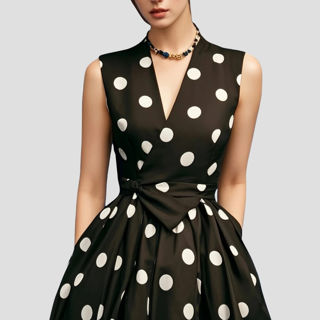 Anna-Berg | Midi Dress - Polka Dot, Wrap Front, Tie Waist, Sleeveless